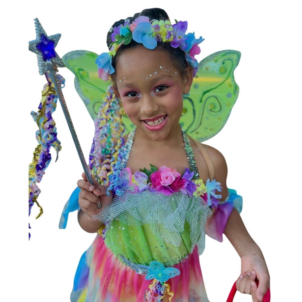 Girls Handmade Fairy Halloween Costume Wings Flower Crown Trick or Treat Bag Set